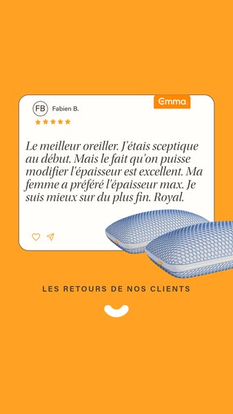 This ad features a customer testimonial for Emma pillows. The testimonial highlights the adjustable thickness of the pil