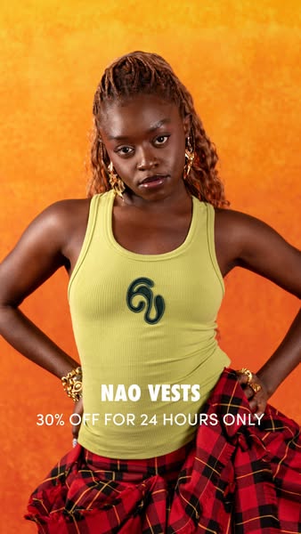 This image ad for Nao Vests features a young woman wearing a ribbed, light green tank top with the brand's logo on i