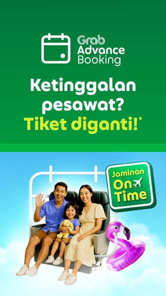 This ad promotes Grab's Advance Booking feature, highlighting a guarantee that tickets will be replaced if a flight 