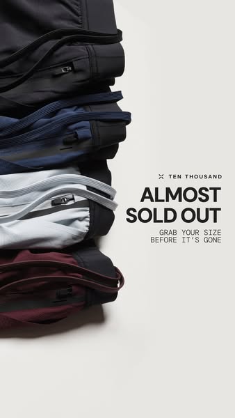 A product ad for Ten Thousand brand workout shorts showcasing a stack of the shorts, emphasizing the limited availabilit