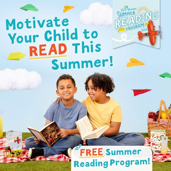 This ad promotes a free summer reading program for children. It features two smiling children sitting outside with books