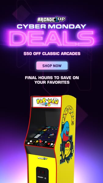This ad promotes Arcade1Up's Cyber Monday deals, offering $50 off classic arcades. It emphasizes the final hours to 