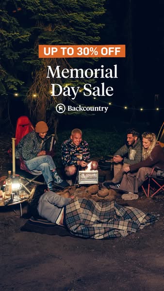 This image ad promotes Backcountry's Memorial Day Sale, offering up to 30% off. It features a group of young adults 