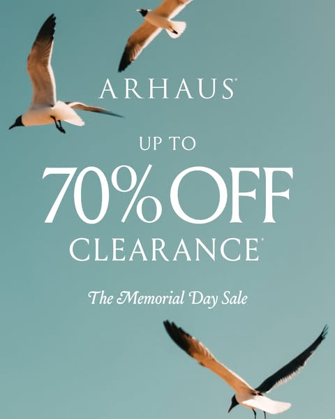 This image ad promotes Arhaus's Memorial Day sale with up to 70% off clearance items.