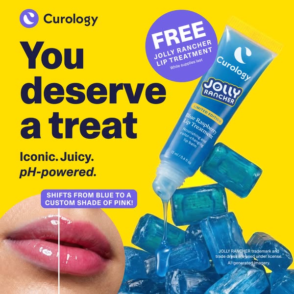 This ad for Curology lip treatment highlights the nourishing and color-changing features of the Blue Raspberry Lip Treat