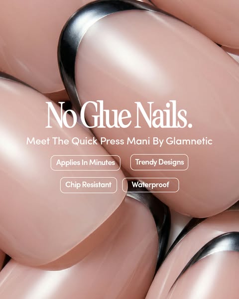 This image ad for Glamnetic highlights the brand's no glue, quick press on manicure nails. It shows a close up of th