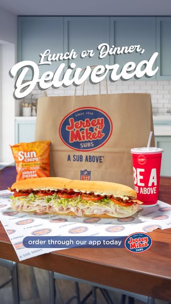This ad for Jersey Mike's promotes ordering through their app and features the brand's sub sandwich, chips, and 