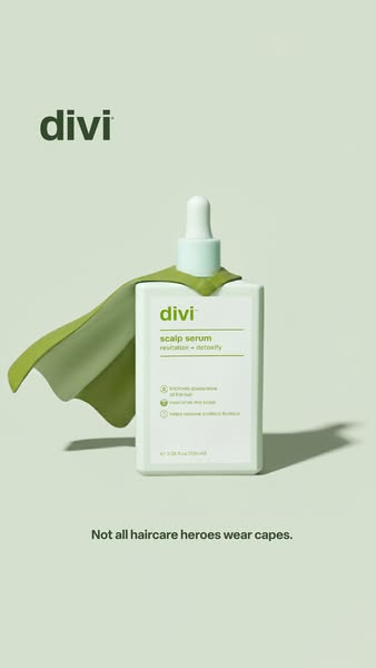 This ad features a bottle of Divi Scalp Serum with a green cape draped around it, suggesting that it is a hero product f