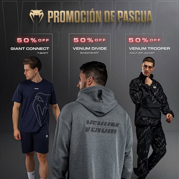 This ad features three athletic wear sets from Venum, each with a 50% discount. Each set is showcased by a male model, a