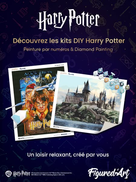 This ad promotes Harry Potter-themed DIY painting kits from Figured Art. The ad features photos of finished projects and