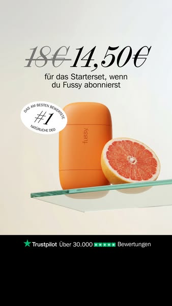 The image ad promotes Fussy deodorant, highlighting a discount offer for the starter set when you subscribe. The ad also
