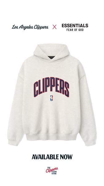 This image promotes the Los Angeles Clippers team apparel sold at The Clippers Team Store. It features a grey hoodie wit