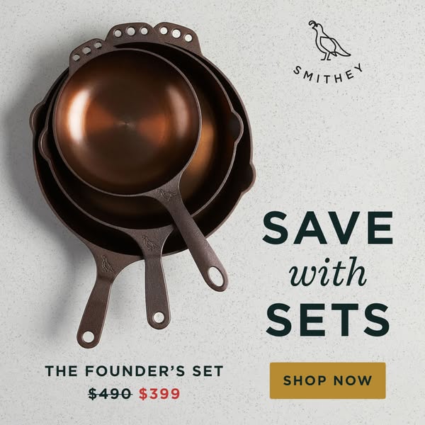 This image ad for Smithey promotes their Founder's Set of cast iron cookware. The ad highlights a discount on the se