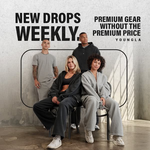 This image ad for YoungLA features four models wearing the brand's clothing. The ad highlights the brand's new w