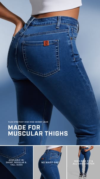 This Meta image ad showcases a pair of high-rise skinny jeans designed for a muscular physique. The ad highlights the je