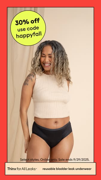 This ad for Thinx for All Leaks features a woman wearing the product and promotes a 30% off sale.