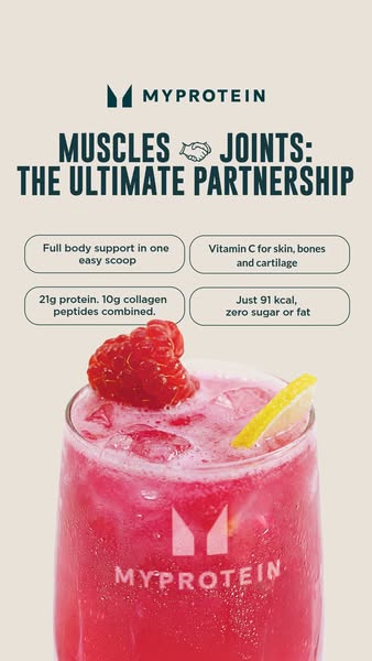 This ad for Myprotein promotes a collagen supplement designed to support muscles and joints, highlighting its vitamin C 