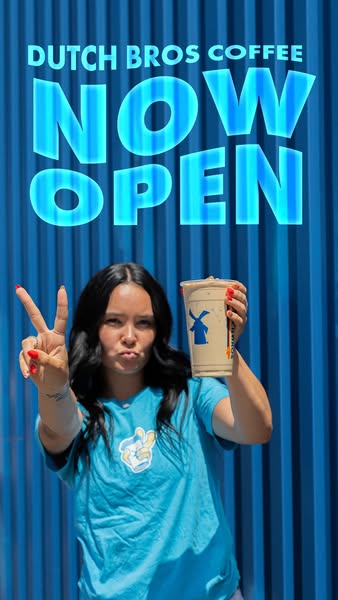 This ad for Dutch Bros Coffee features a woman holding a Dutch Bros drink in front of a blue background. The ad announce