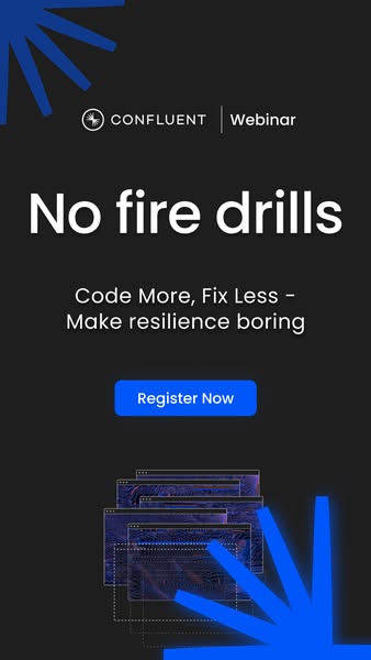 This ad promotes a webinar by Confluent, promising developers they will have less debugging to do and will instead be ab