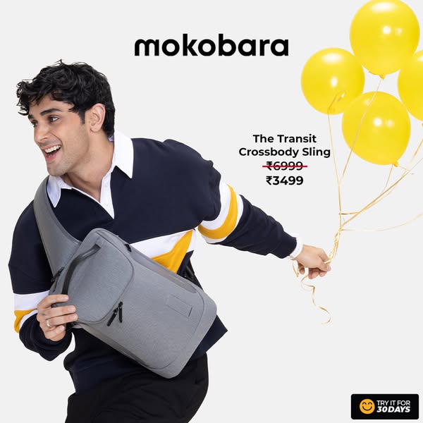 This image ad features a smiling man holding a gray crossbody sling bag while holding a string of yellow balloons.
