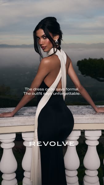 This ad for Revolve features a stunning woman in a formal gown with a halter neck and open back, implying that while the