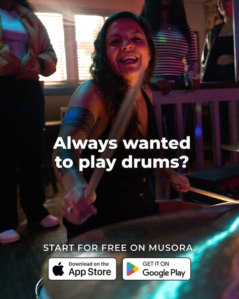 This image ad for Musora features a woman playing the drums while promoting the ability to start for free with links to 