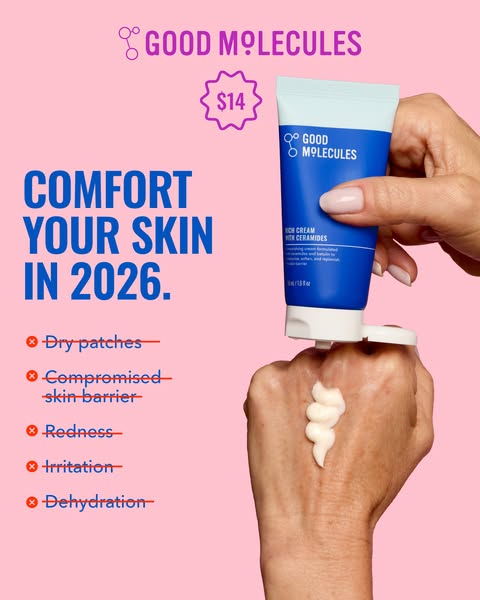 This image ad for Good Molecules Rich Cream with Ceramides highlights the product's ability to comfort skin and addr