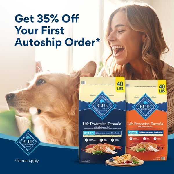 This image ad promotes Blue Buffalo dog food, offering 35% off the first autoship order. It features a golden retriever 