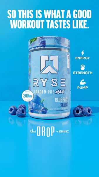 This ad showcases Ryse Loaded Pre Max Blue Razz Slush pre-workout powder, emphasizing its taste and benefits for energy,