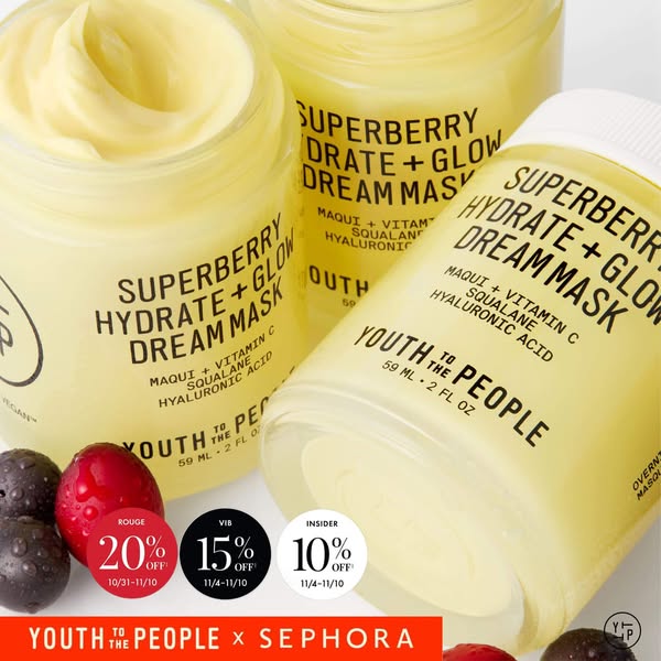 This ad showcases the Youth To The People Superberry Hydrate + Glow Dream Mask and advertises a limited-time discount av