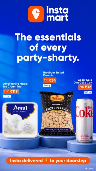 This ad by Instamart promotes the convenience of having party essentials like ice cream, salty snacks, and soda delivere