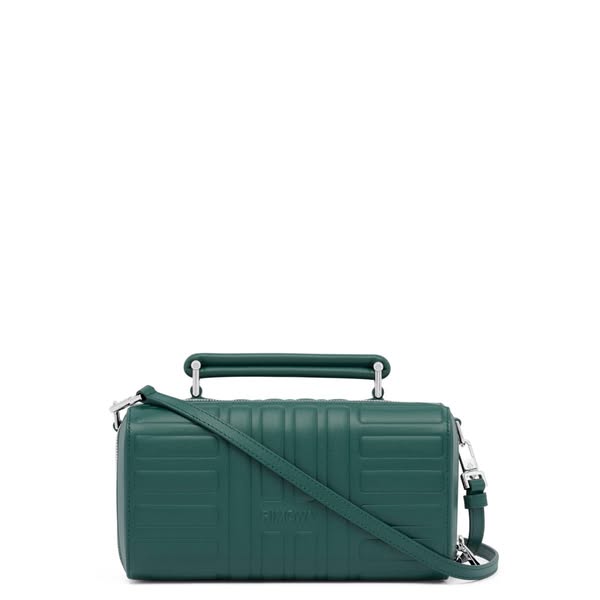 This ad showcases a green RIMOWA bag with a handle and shoulder strap. The bag is displayed against a white background.