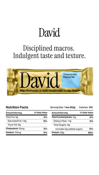 An image ad for David Cinnamon Roll Flavored Bars highlights the product's macro-friendly profile alongside its indu