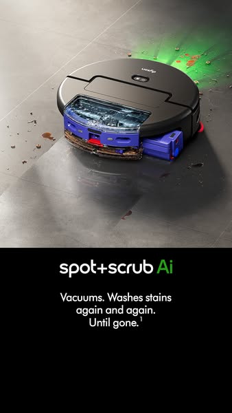 This ad showcases Dyson's spot+scrub Ai vacuum cleaner, emphasizing its ability to vacuum and wash stains repeatedly