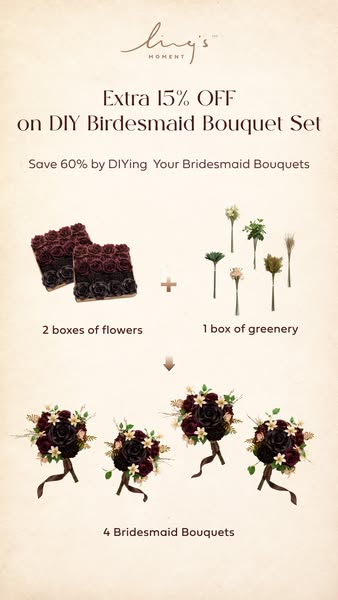 This ad promotes Ling's Moment DIY Bridesmaid Bouquet Set. It highlights a discount of 15% and emphasizes savings of