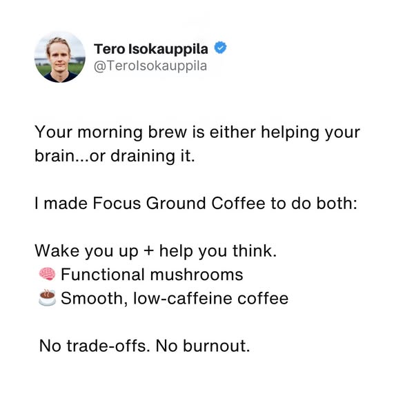 This ad is a screenshot of a social media post from Tero Isokauppila promoting Focus Ground Coffee. The post highlights 