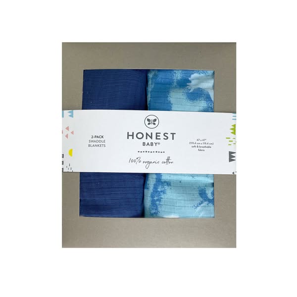 This ad showcases a 2-pack of swaddle blankets from Honest Baby. The blankets, one in solid navy and the other in a wate