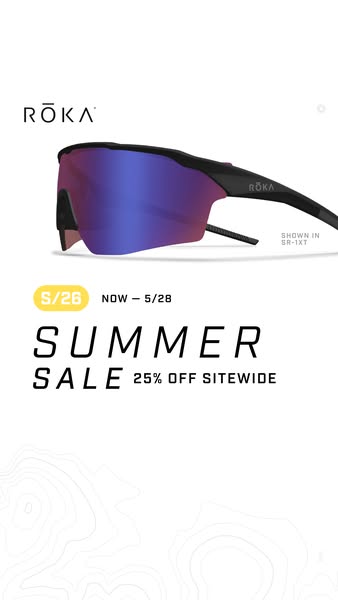This image ad promotes ROKA sunglasses by announcing a summer sale for 25% off sitewide from 5/26 to 5/28. It features a
