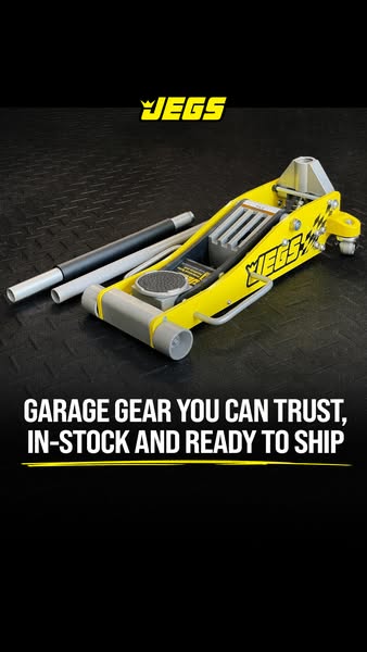 This image ad focuses on the JEGS brand floor jack, emphasizing its reliability and immediate availability. The floor ja