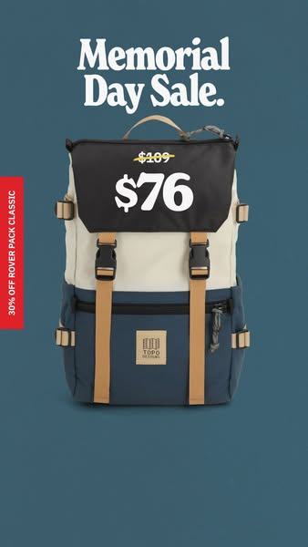 This image ad promotes a Memorial Day sale for Topo Designs, featuring the Rover Pack Classic backpack, which is 30% off