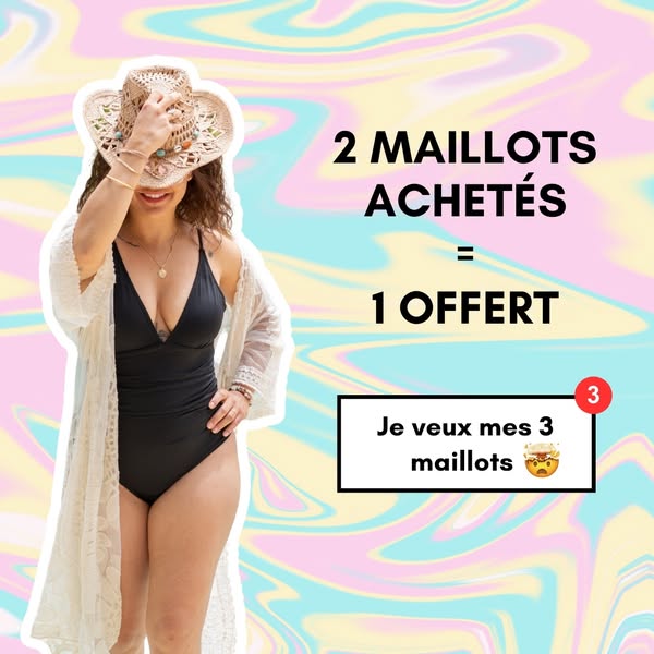 This image ad features a woman wearing a black bathing suit and a sheer white robe against a swirling multicolored backg