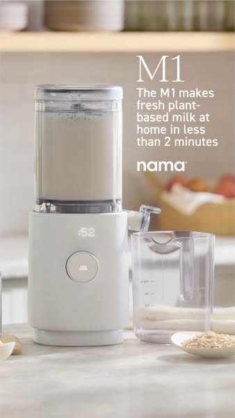 This ad showcases the Nama M1, a device that makes fresh plant-based milk at home in less than 2 minutes.