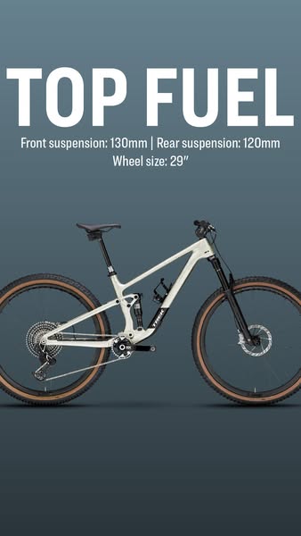 This ad showcases a mountain bike called the Top Fuel. It highlights key technical specifications like front and rear su