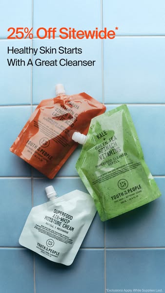 This ad for Youth to the People promotes a sitewide discount of 25% off. It features three different skincare products -