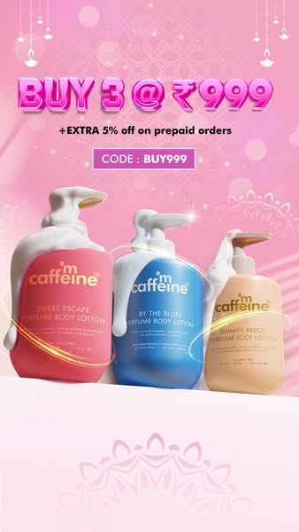 This image ad for mCaffeine promotes a deal to buy 3 perfume body lotions for ₹999, plus an extra 5% off on prepaid orde
