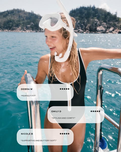 This image ad features a woman wearing a swimsuit with a snorkeling mask on a boat, highlighting customer reviews.