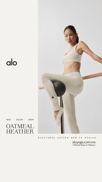 An image ad for Alo Yoga featuring a woman in Alo activewear, specifically the new Oatmeal Heather color. The ad promote