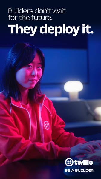 This image ad for Twilio features a young woman using a computer. The ad's headline states, "Builders don't