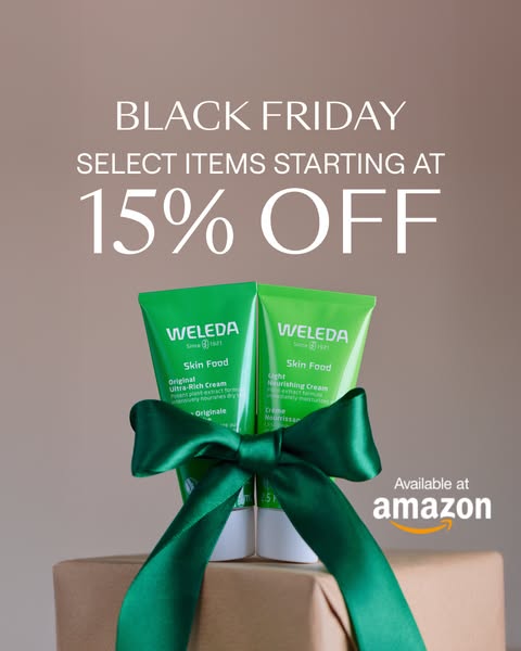 This ad promotes Weleda Skin Food products for Black Friday, offering a discount on select items and highlighting availa