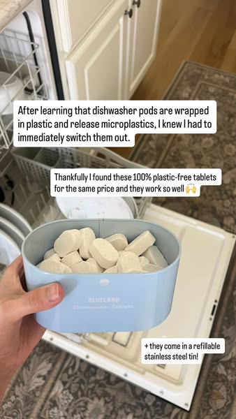 This ad highlights the problem of plastic in dishwasher pods and offers a plastic-free alternative from Blueland.